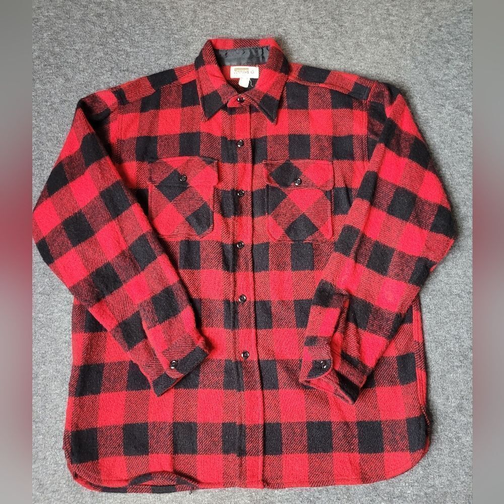 Vtg 60s Montgomery Ward Wool Flannel Shirt Mens Size L Buffalo Plaid Red Black G